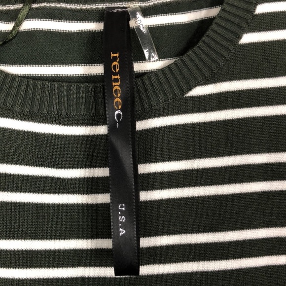 Renee C green white striped long sleeve brown patch elbow sweater size Medium - Picture 6 of 6